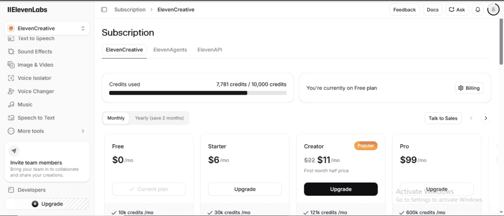 ElevenLabs subscription page showing 7,781 of 10,000 credits used on Free plan with pricing comparison: Free $0, Starter $6, Creator $11, Pro $99 per month