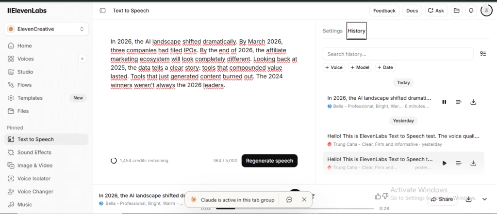 ElevenLabs Text to Speech history showing multiple generations of same script demonstrating free regeneration feature