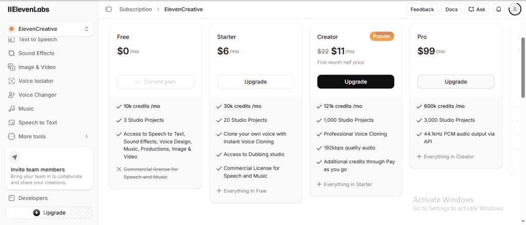 ElevenLabs plan comparison showing Free 10k credits, Starter 30k, Creator 121k, Pro 600k credits per month with full feature breakdown