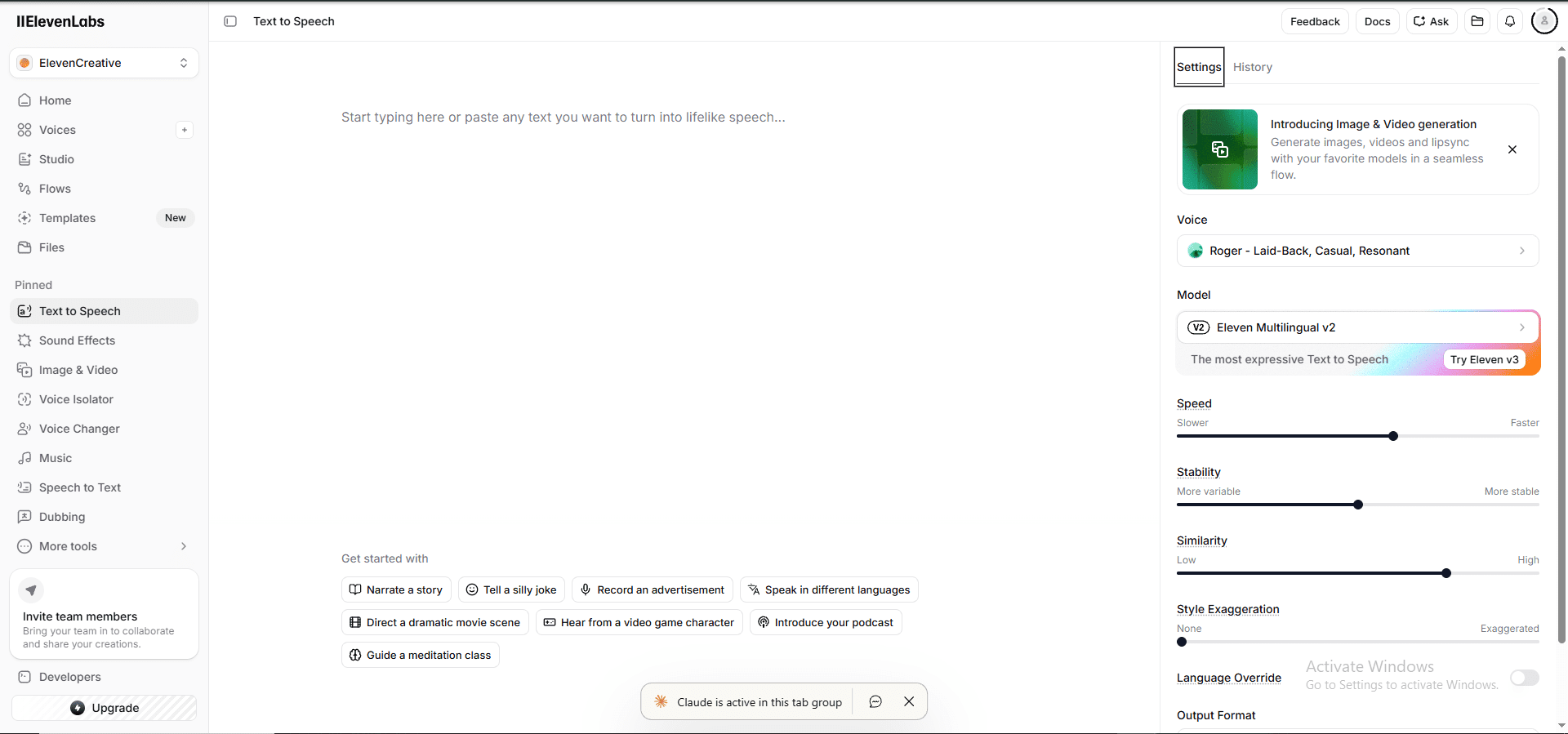ElevenLabs Text to Speech settings panel with Stability, Similarity, and Style Exaggeration sliders