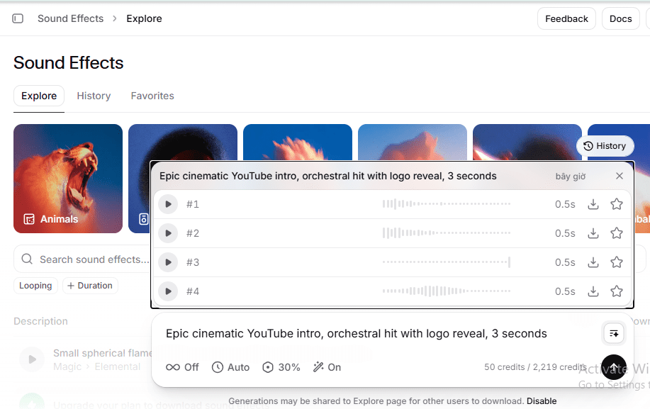 ElevenLabs Sound Effects generating 4 variants from a text prompt — costs 200 credits per generation on the free plan