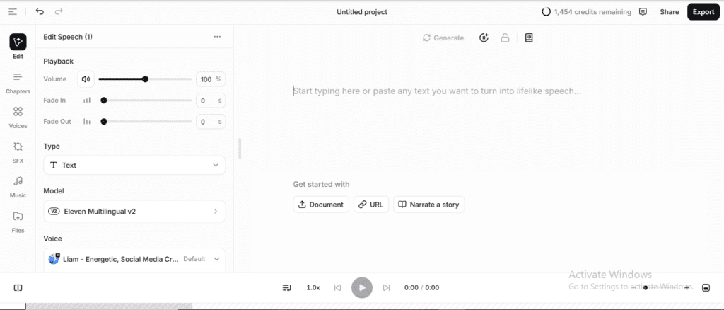 ElevenLabs Studio showing voice accidentally reset to Adam default after clearing text box demonstrating UX bug