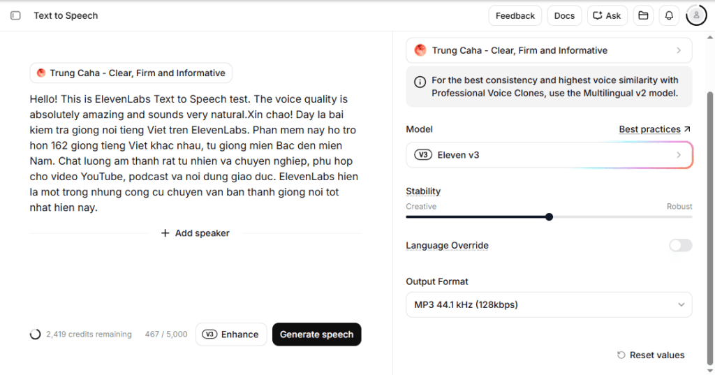 ElevenLabs Text to Speech interface showing 2,419 credits remaining on the free plan
