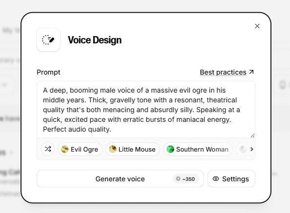 ElevenLabs Voice Design interface — describe any voice in text and generate 3 variants for 350 credits on the free plan