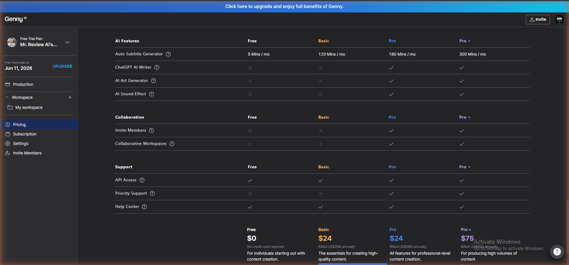 Genny by LOVO Compare plans Support section — API Access included in Free plan. Free tier also shows $0 no credit card required. Tested May 2026.