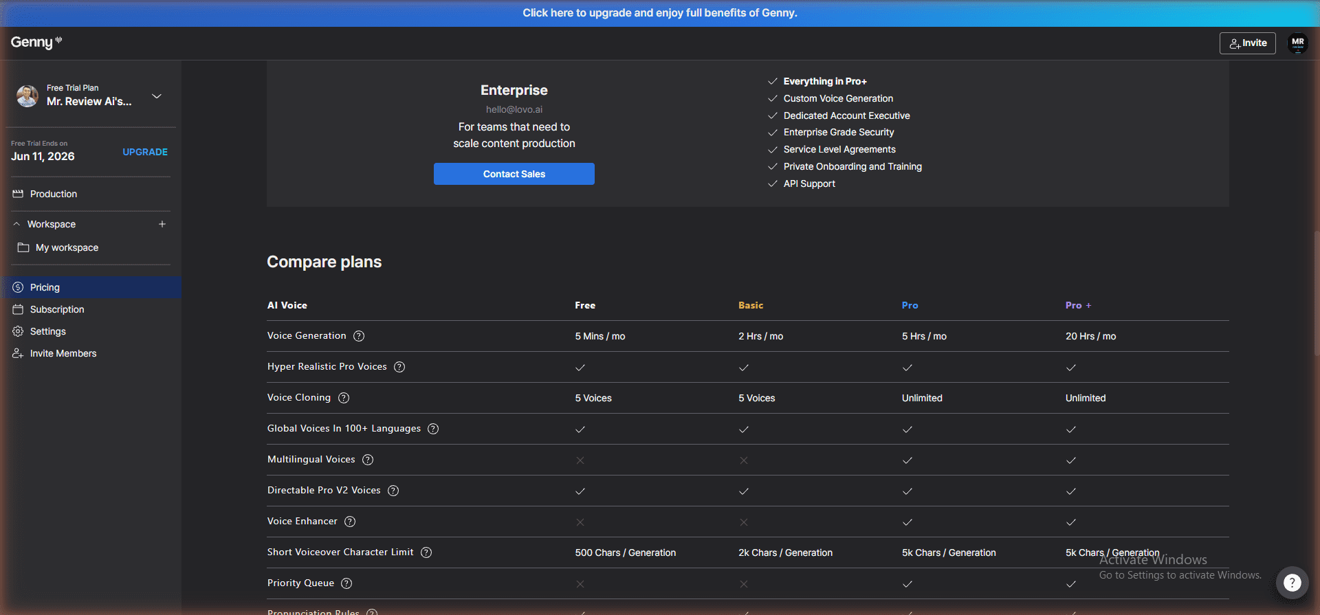 Genny by LOVO Compare plans table — Free column showing 5 Mins/mo Voice Generation, Directable Pro V2 Voices included. Tested May 2026.
