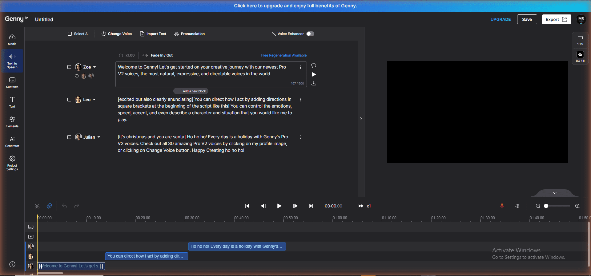 Genny by LOVO editor showing Direction Brackets feature — Leo voice with [excited but also clearly enunciating], Julian voice with [it's christmas and you are santa]. Free Regeneration Available. Timeline visible. Tested May 2026.