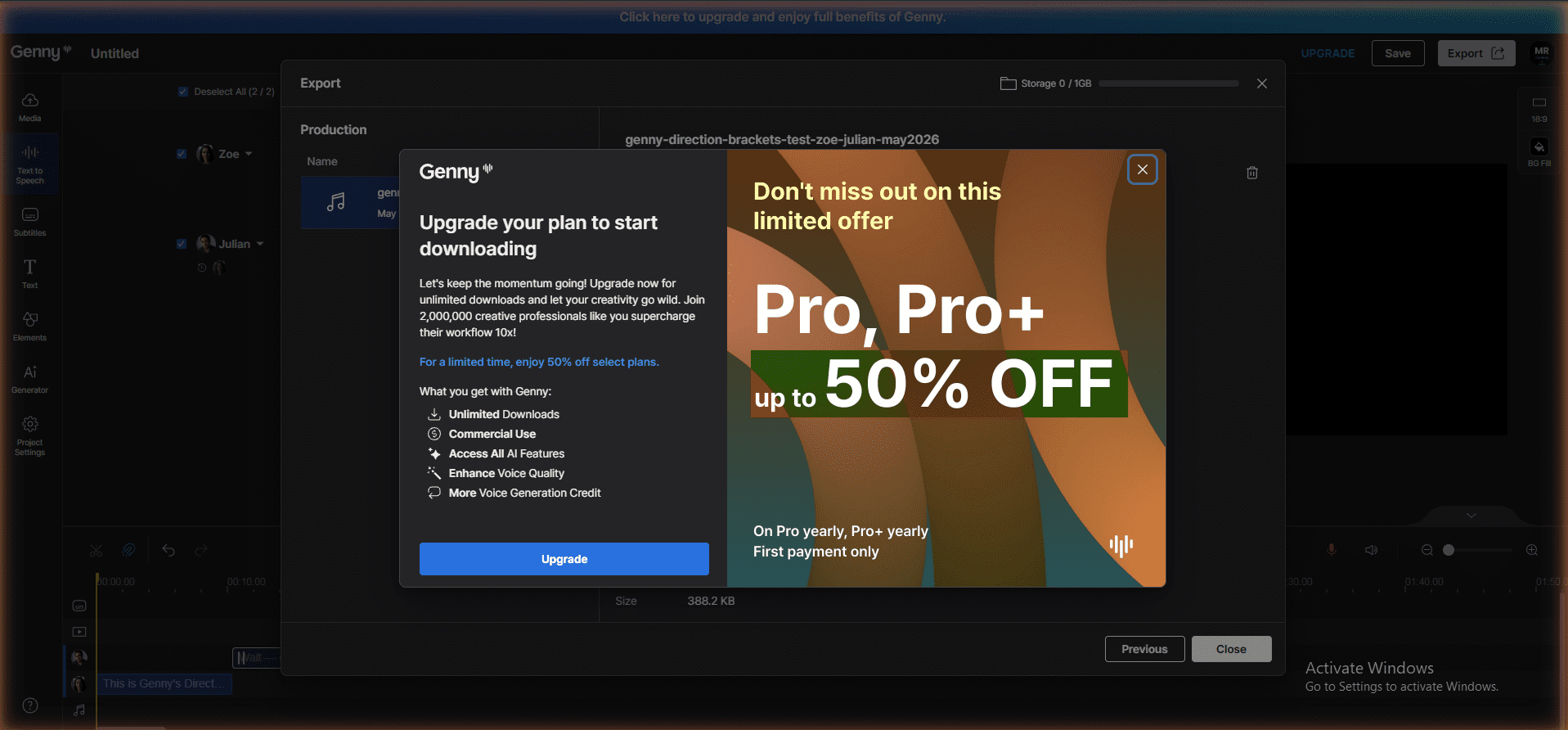 Genny free plan download paywall — "Upgrade your plan to start downloading" popup appears when clicking Download on free tier. Same behavior as Murf free plan. Tested May 28, 2026.