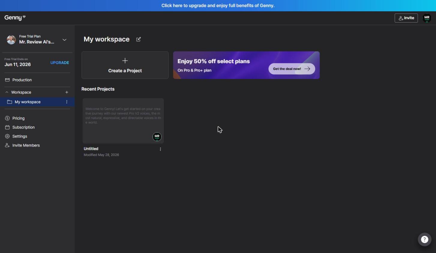 Genny by LOVO free trial plan dashboard — Mr. Review AI workspace showing Free Trial Plan ending Jun 11, 2026. Tested May 28, 2026.