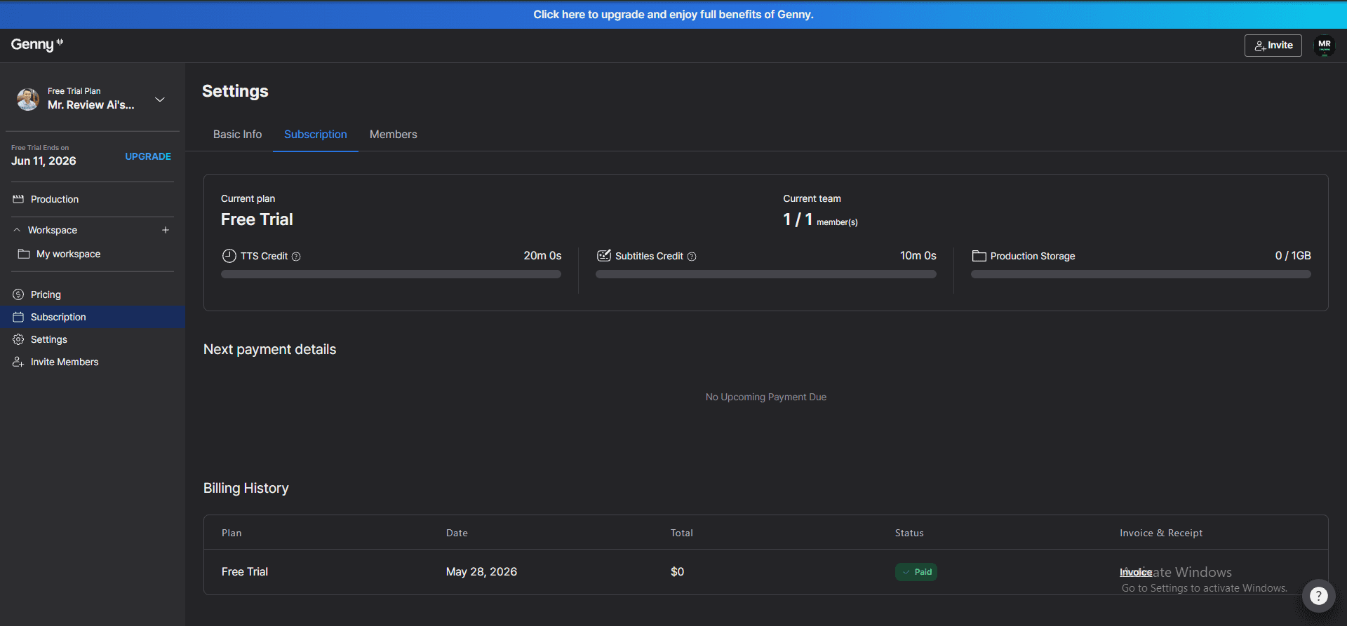 Genny by LOVO free trial subscription page — TTS Credit 20m, Subtitles Credit 10m, Free Trial plan since May 28 2026. Tested May 2026.