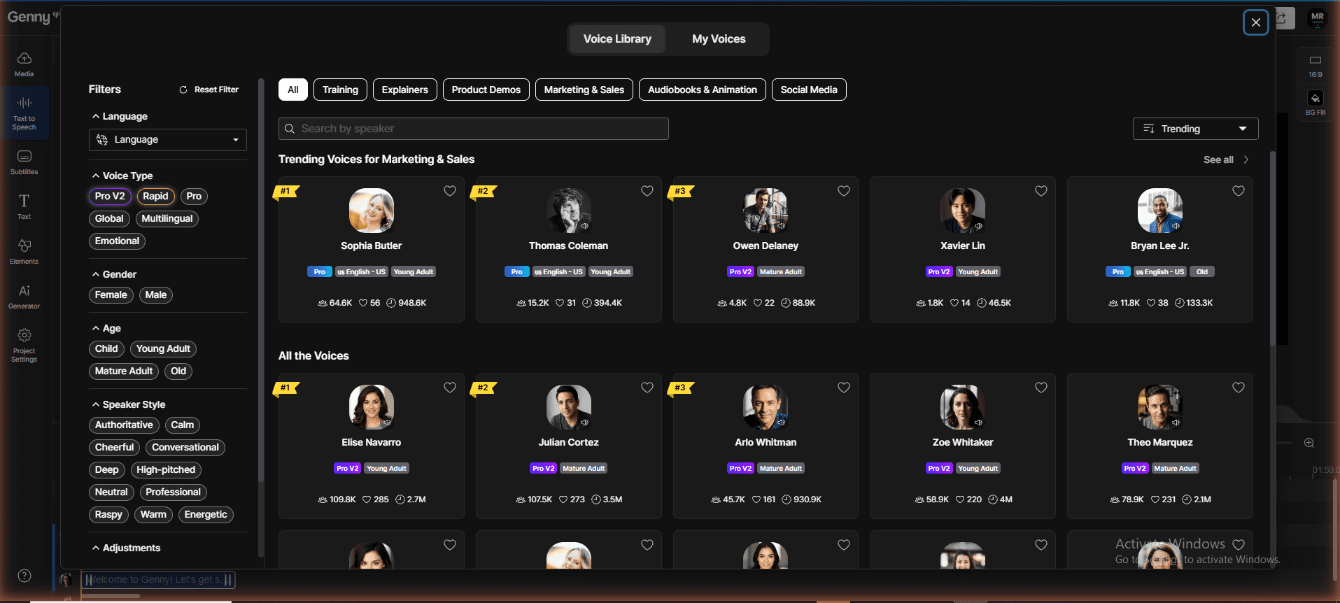 Genny by LOVO Voice Library showing Pro V2 filter options, trending voices Sophia Butler, Thomas Coleman, Owen Delaney with Pro V2 badges. Filters: Voice Type, Gender, Age, Speaker Style. Tested May 2026.