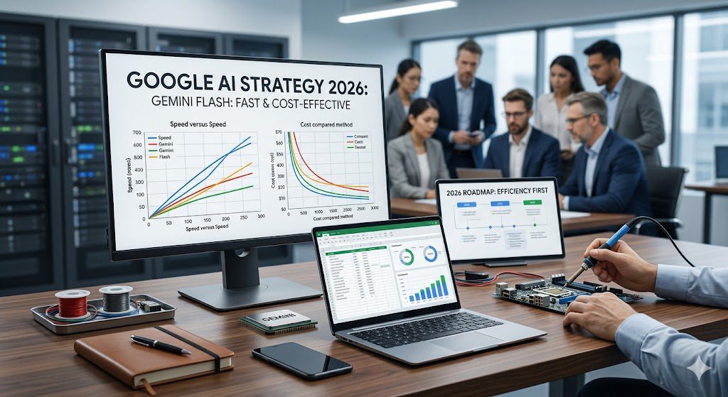 Google AI Strategy 2026 - Business team analyzing Gemini Flash speed and cost-effectiveness charts on office screens
