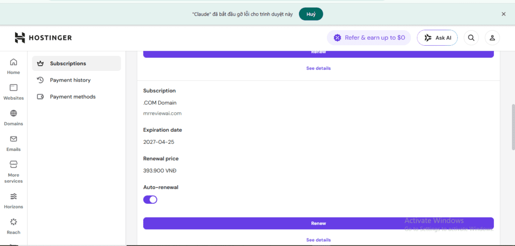 Hostinger .COM domain subscription for mrreviewai.com — expiration 2027-04-25, renewal 393,900 VND