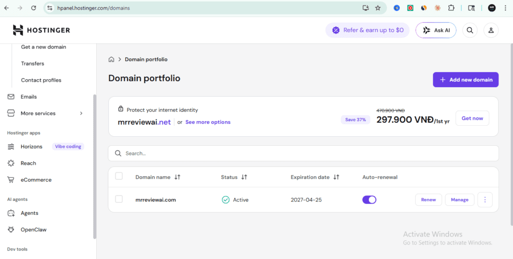 mrreviewai.com domain registered on Hostinger — April 25 2026, active until 2027, proof of purchase