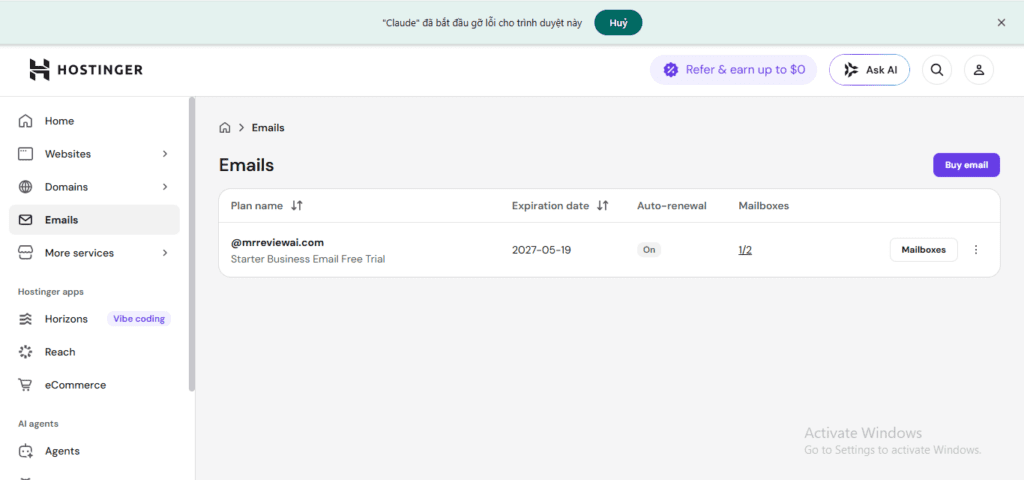 Hostinger free business email hello@mrreviewai.com — Starter Business Email Free Trial, expiration 2027-05-19