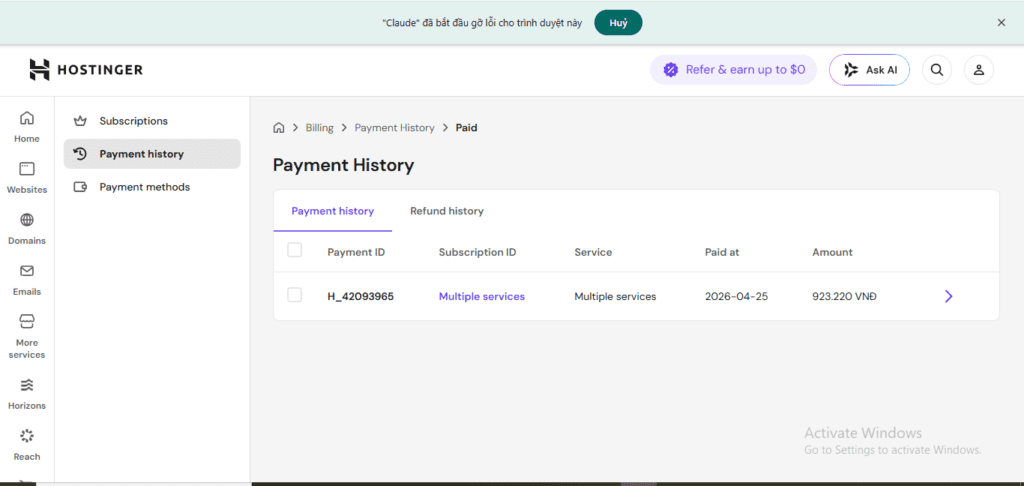 Hostinger payment history — H_42093965, 923,220 VND paid on April 25 2026 for mrreviewai.com domain and hosting