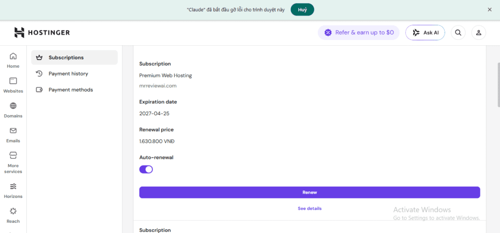 Hostinger Premium Web Hosting subscription for mrreviewai.com — expiration 2027-04-25, renewal 1,630,800 VND