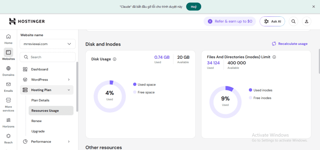 Hostinger Resources Usage for mrreviewai.com — 0.74 GB / 20 GB disk (4%), 34,124 / 400,000 inodes (9%) — hosting is live and running