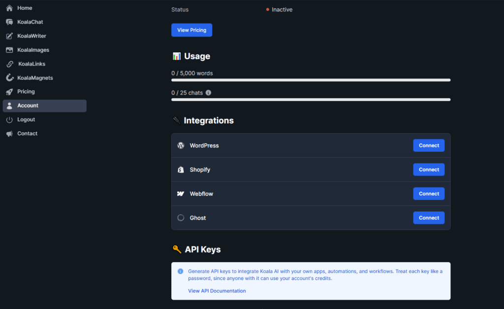 Koala AI account integrations dashboard showing one-click WordPress, Shopify, Webflow and Ghost publishing connections for bloggers