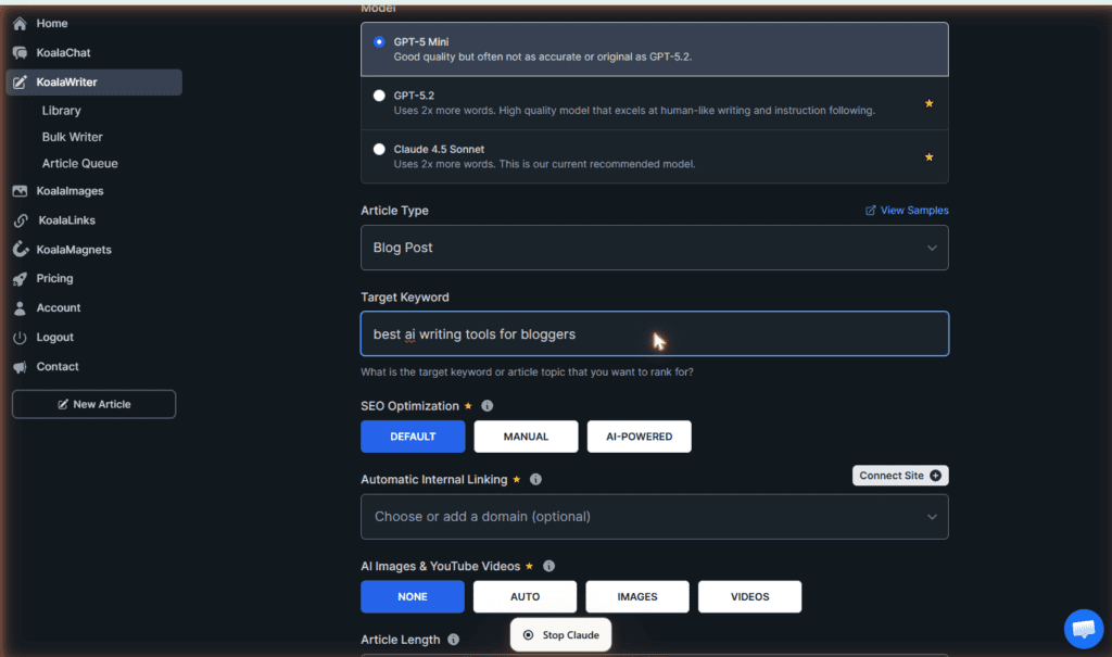 KoalaWriter one-click article generation interface showing model selection (GPT-5 Mini, GPT-5.2, Claude 4.5 Sonnet), target keyword input, and SEO optimization settings for bloggers