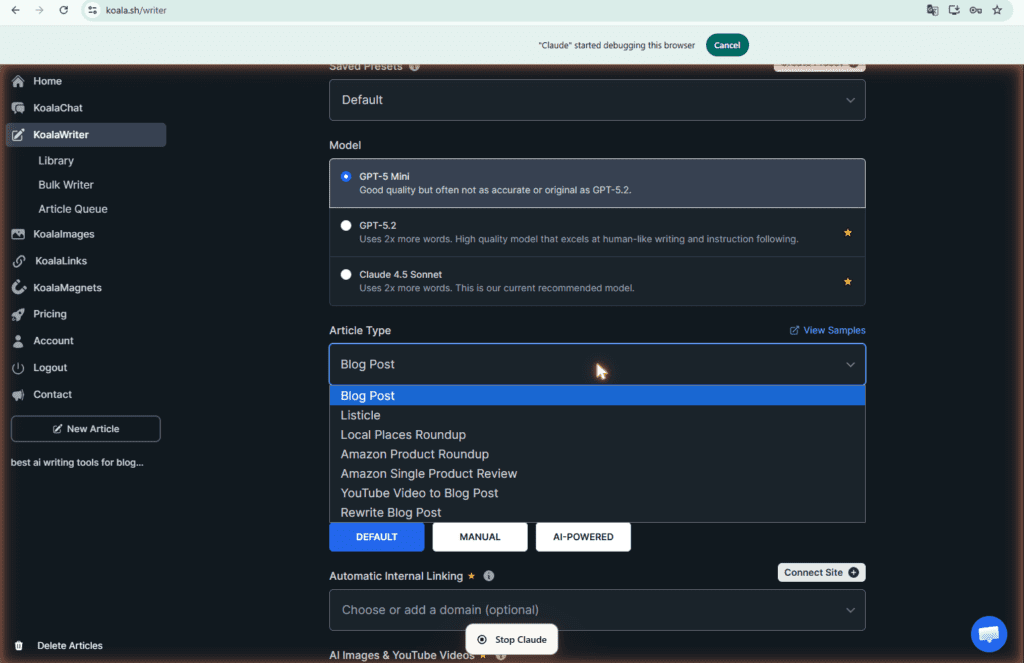 KoalaWriter Article Type dropdown showing Blog Post, Listicle, Amazon Product Roundup, Amazon Single Product Review, YouTube Video to Blog Post and Rewrite Blog Post options for affiliate bloggers