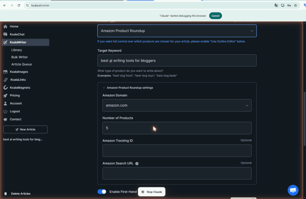 KoalaWriter Amazon Product Roundup settings showing Amazon Domain, Number of Products, Amazon Tracking ID and Search URL fields for creating affiliate product roundup articles