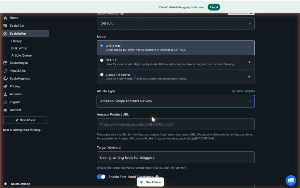 KoalaWriter Amazon Single Product Review article type settings with Amazon Product URL input field for creating AI-powered single product affiliate review articles