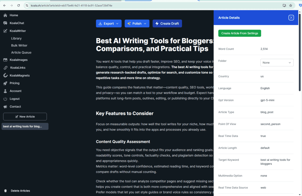 KoalaWriter Library showing a generated article with Article Details panel - Word Count 2,514, GPT-5 Mini model, blog post type with real-time data enabled for SEO-optimized affiliate blog content