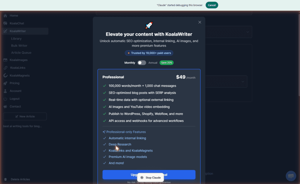 KoalaWriter Professional plan upgrade popup showing $49 per month features including automatic SEO optimization, internal linking, AI images, Deep Research, KoalaLinks and KoalaMagnets for serious affiliate bloggers