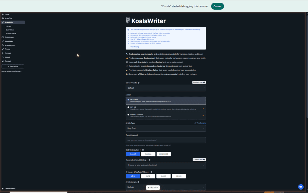 KoalaWriter full settings page showing model selection GPT-5 Mini GPT-5.2 Claude 4.5 Sonnet, Article Type Blog Post, Target Keyword input, SEO Optimization options and Automatic Internal Linking for one-click SEO article generation
