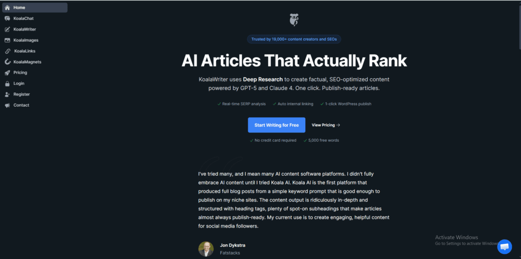 KoalaWriter homepage - AI article writer trusted by 19,000+ bloggers and SEOs for one-click SEO blog post generation