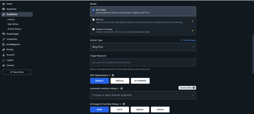 KoalaWriter article settings - Model selection, Article Type, Target Keyword, and SEO Optimization options for creating SEO-optimized blog posts