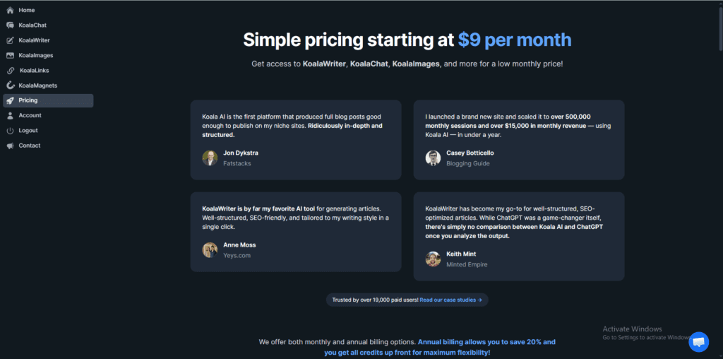Koala AI pricing page showing Simple pricing starting at $9 per month with user testimonials from bloggers and content creators