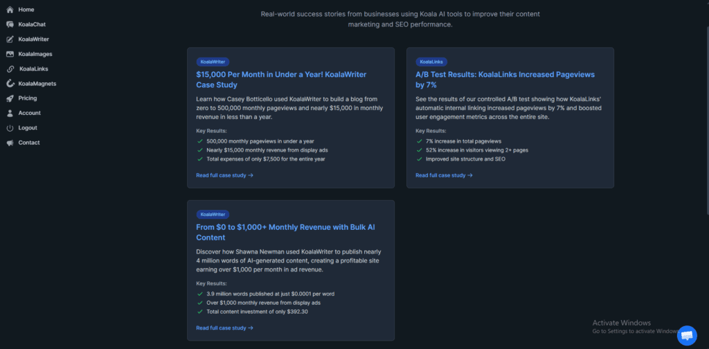 Koala AI case studies showing real results including $15,000 per month revenue and 500,000 monthly pageviews using KoalaWriter for affiliate blog content