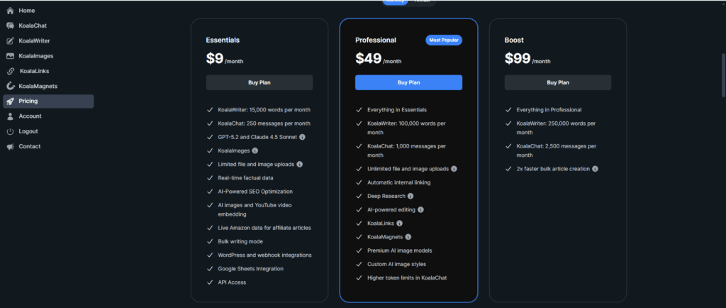 Koala AI pricing plans comparison - Essentials $9/month, Professional $49/month (Most Popular), and Boost $99/month with full feature breakdown