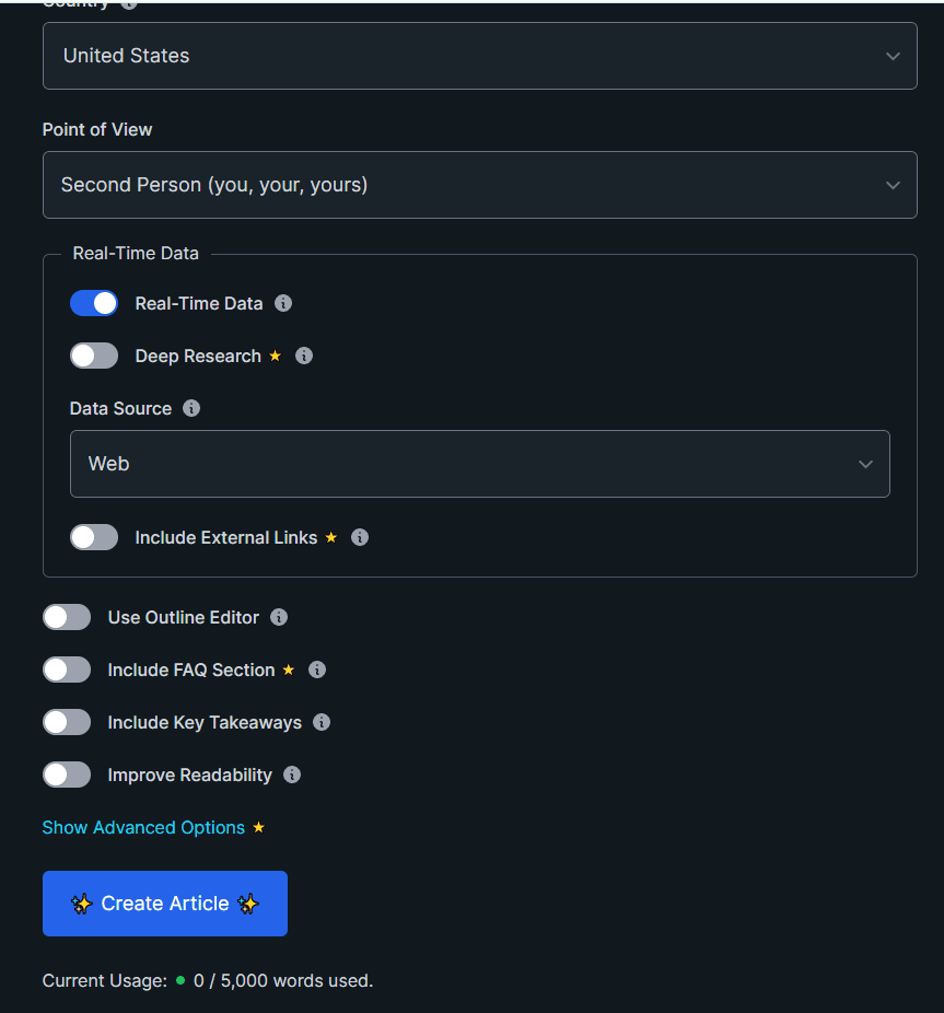 KoalaWriter advanced settings showing Real-Time Data, Deep Research, Data Source and Include External Links options for SEO blog post creation
