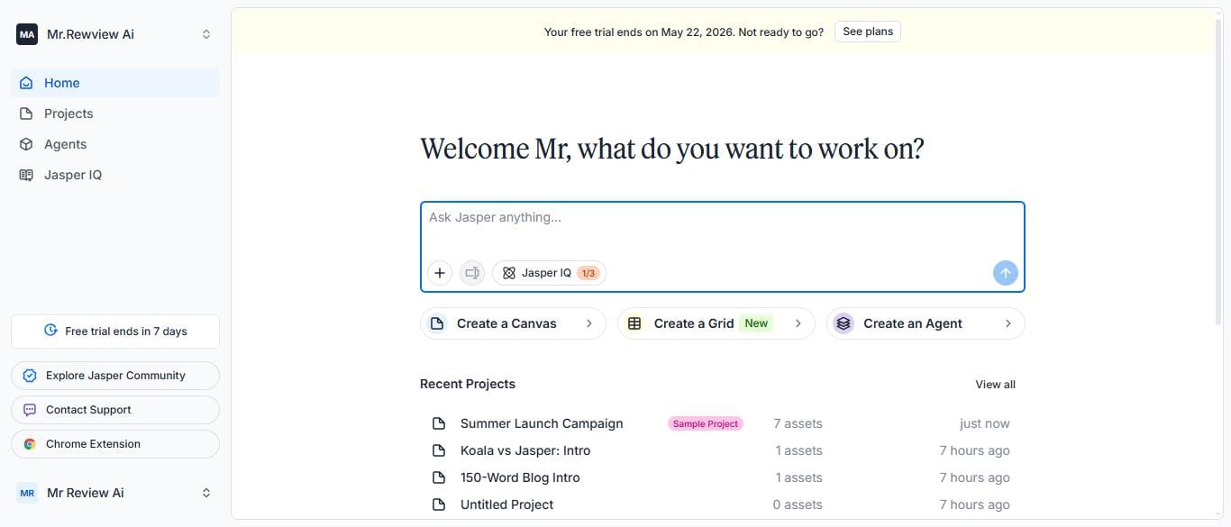 Jasper AI dashboard 2026 — home screen with Canvas Grid and Agent options