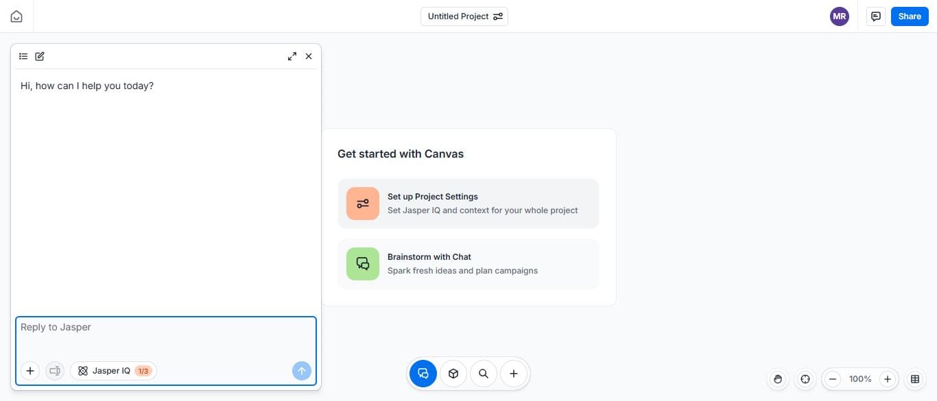 Jasper AI Canvas editor — chat-to-create interface May 2026