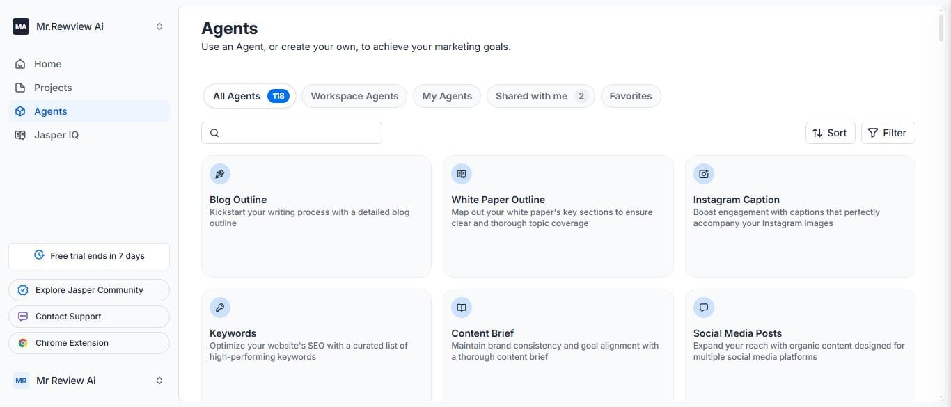 Jasper AI Agents library — 118 templates across 10 categories 2026