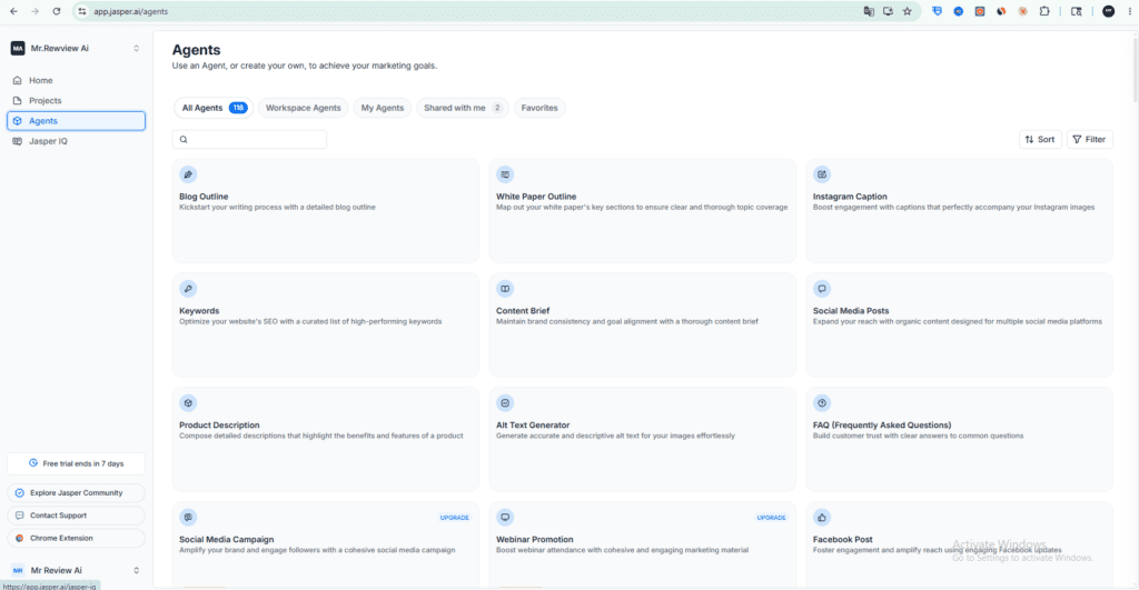 Jasper AI Agents library showing 118 content templates including Blog Outline, Keywords, Social Media Posts, Instagram Caption and more marketing tools