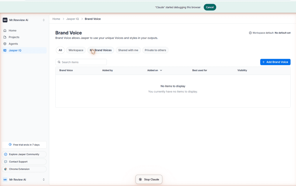 Jasper AI Brand Voice feature page showing custom voice training setup for consistent brand tone across content