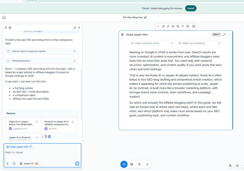 Jasper AI Canvas editor generating a 150-word blog intro for Koala AI vs Jasper AI comparison with AI-powered content output and sources panel