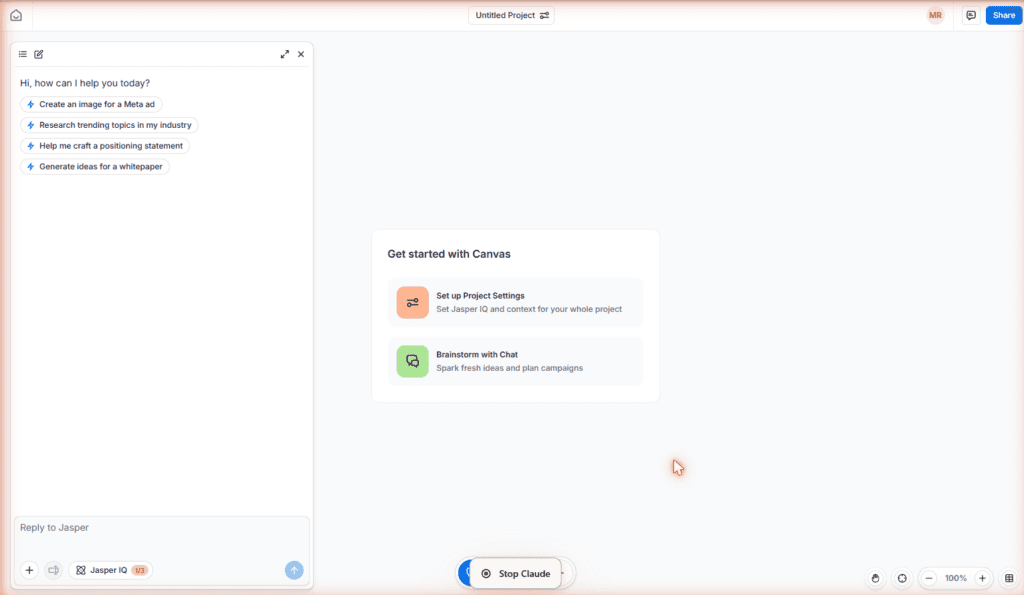 Jasper AI Canvas editor interface showing Chat panel with Get started options Set up Project Settings and Brainstorm with Chat for content creation