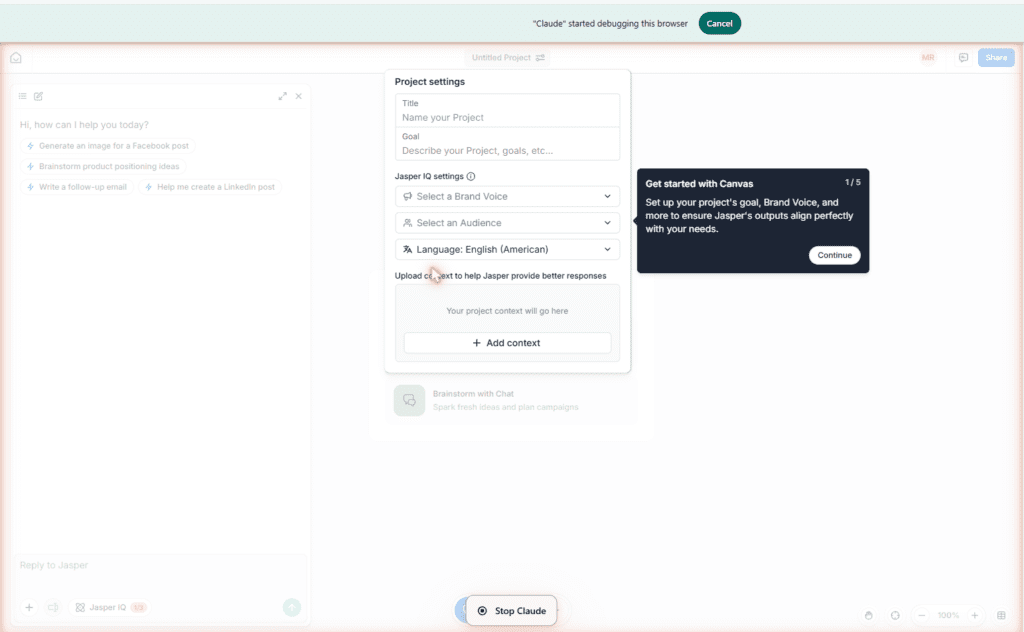 Jasper AI Canvas editor showing project settings with Brand Voice, Audience and Language configuration options