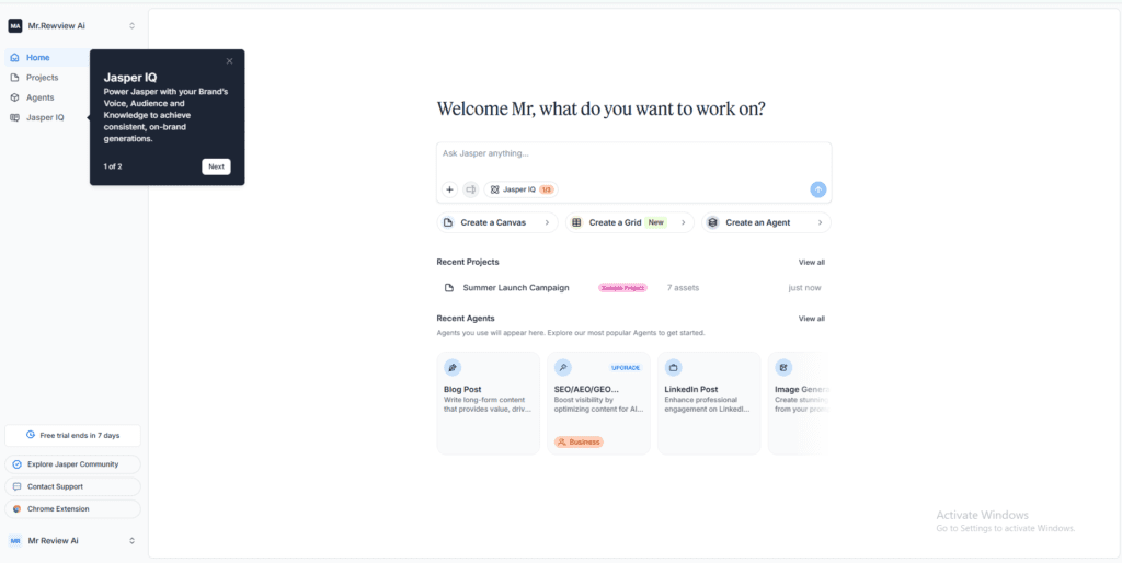 Jasper AI dashboard home screen showing Jasper IQ setup guide, Canvas, Grid and Agent creation options for marketing teams