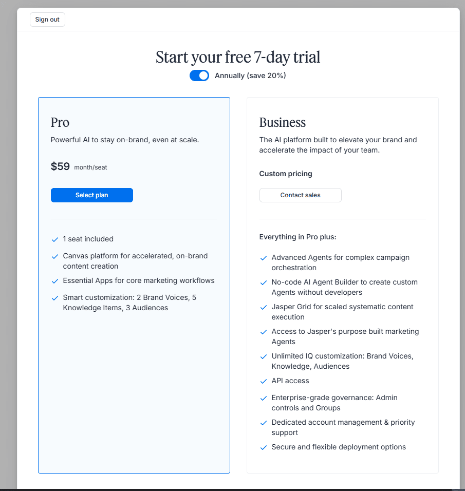 Jasper AI free trial signup page showing Pro plan at $59 per month billed annually with Business plan custom pricing and feature comparison