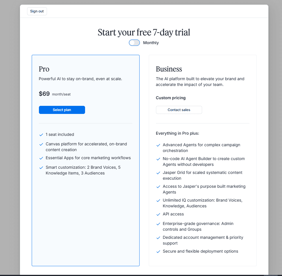 Jasper AI pricing plans - Pro at $69 per month or $59 per month billed annually, Business at custom pricing with 7-day free trial