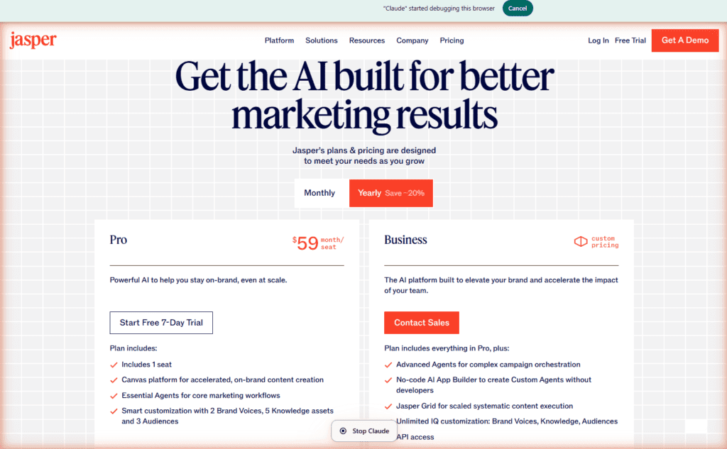 Jasper AI official pricing page showing Pro plan at $59 per month billed yearly with Business custom pricing and feature comparison list