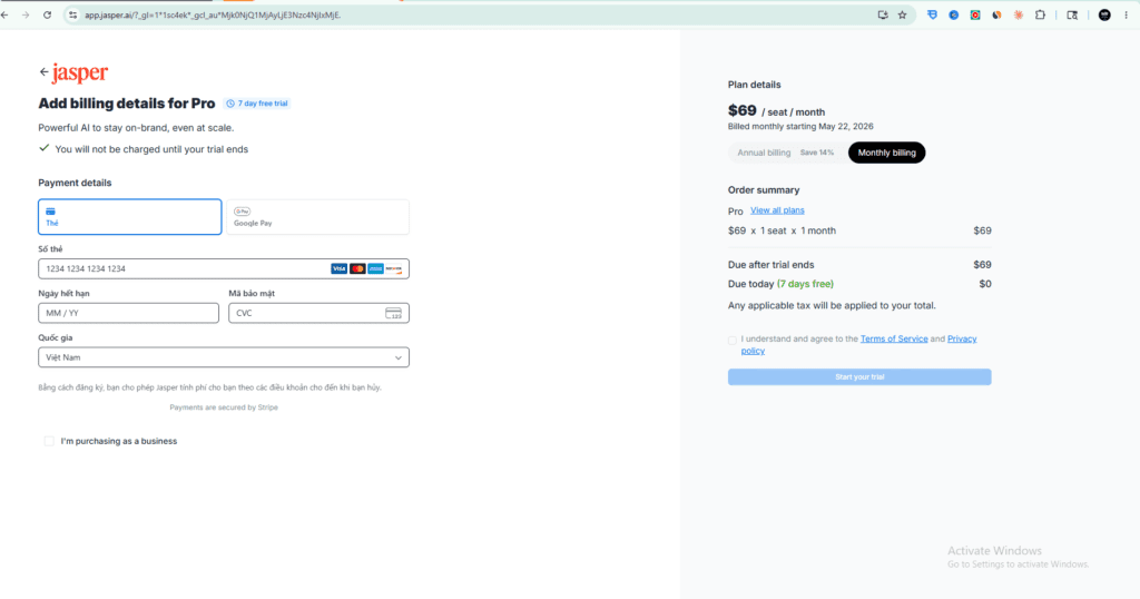 Jasper AI Pro plan billing setup page showing $69 per month payment form with 7-day free trial and order summary