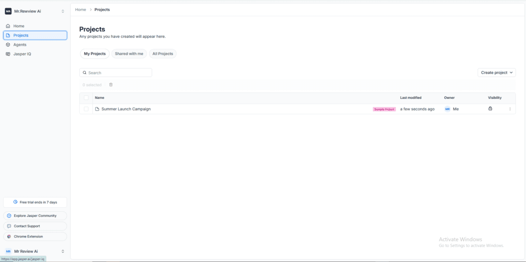 Jasper AI Projects page showing content organization with My Projects, Shared with me and All Projects tabs for team collaboration